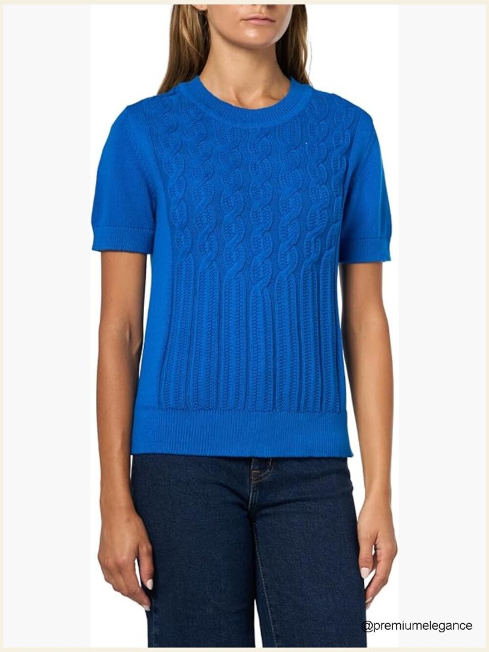 Short Sleeve Crew Neck Cable Solid Sweater Women's Cotton Pullover